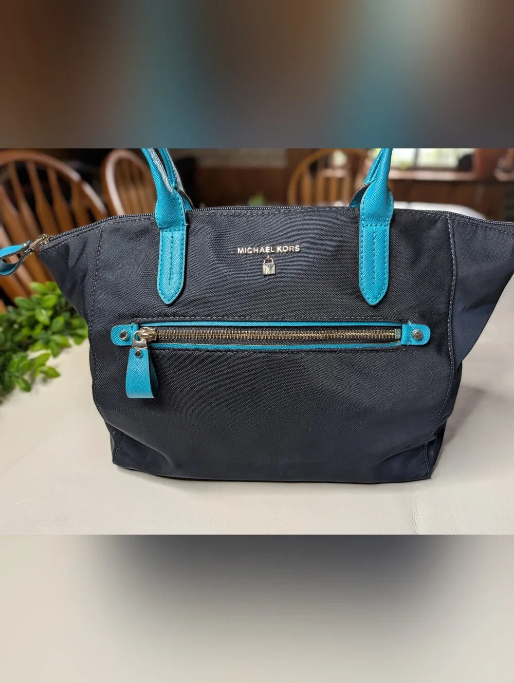 Michael Kors Nylon Kelsey Medium Tote Navy And Turquoise